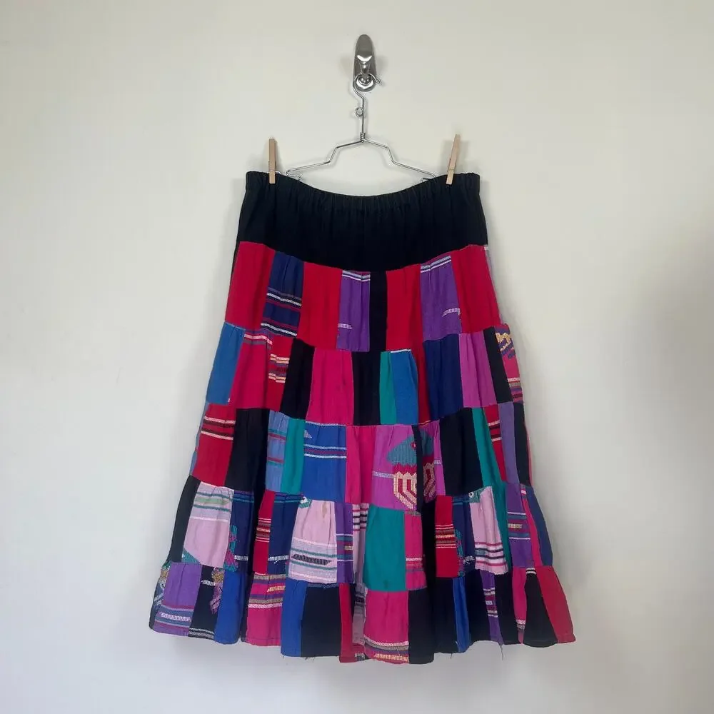 VTG Boho Handmade Upcycled tapestry Patchwork midi Skirt Women’s Guatemalan 60s